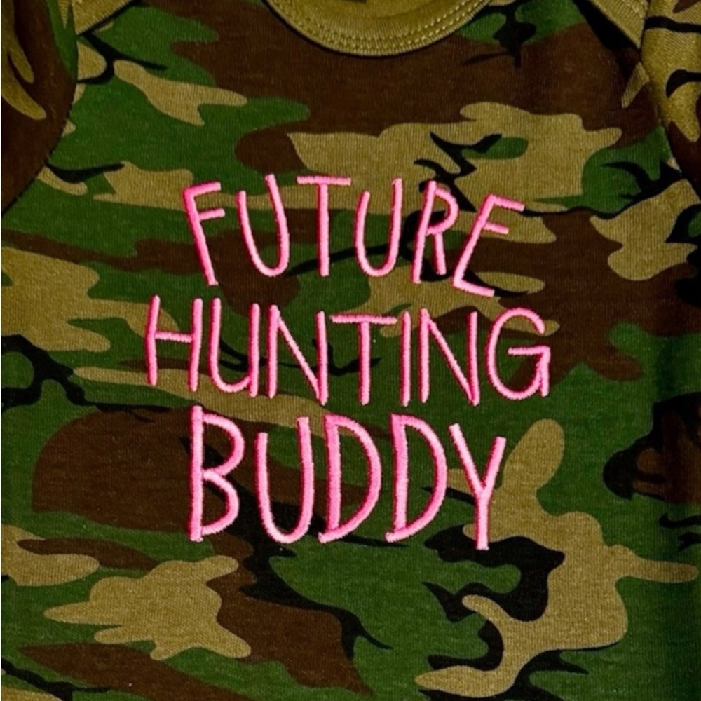 Camouflage Baby Onesie with Pink Lettering